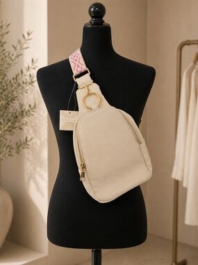 Altar'd State Cream Crossbody Sling Bag with Pink Patterned Strap